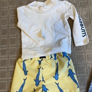 Rugged butts shark swim trunks and rash guard